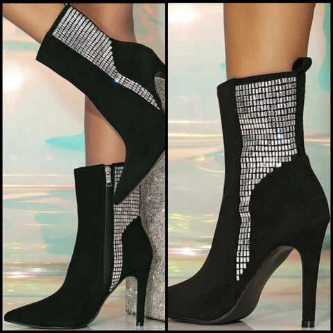 Women Fashion Black Suede Bling Patchwork High Heel Ankle Boots