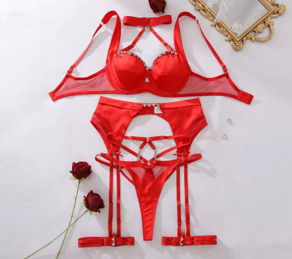 Women Sexy Red Halter Bling Lingerie Set