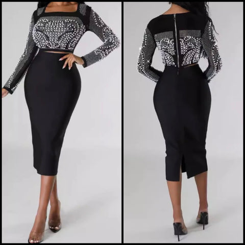 Women Sexy Black Bling Full Sleeve Two Piece Skirt Set