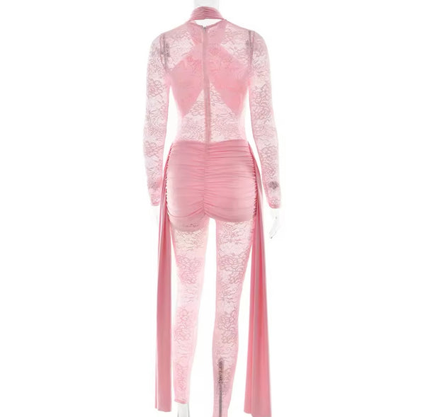 Women Sexy Full Sleeve Color Lace Ribbon Jumpsuit