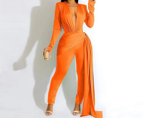 Women Sexy Deep V-Neck Full Sleeve Asymmetrical Jumpsuit