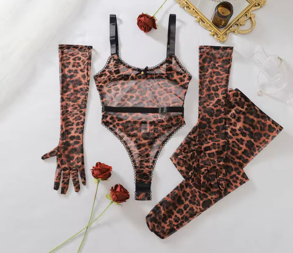 Women Sexy Leopard Mesh Bodysuit Lingerie Set