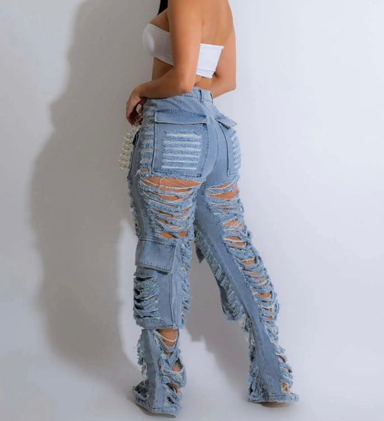 Women Fashion Ripped Cargo Denim Pants