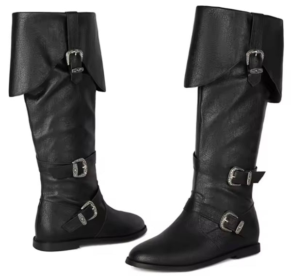 Women Fashion Buckled Knee High Flat Boots