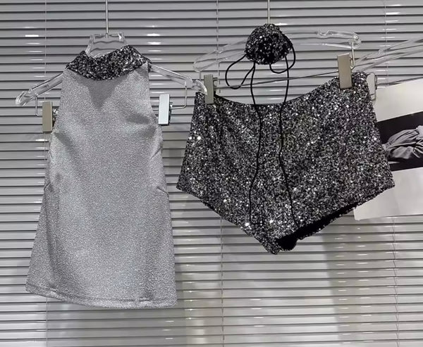 Women Sequins Halter Sleeveless Two Piece Short Set