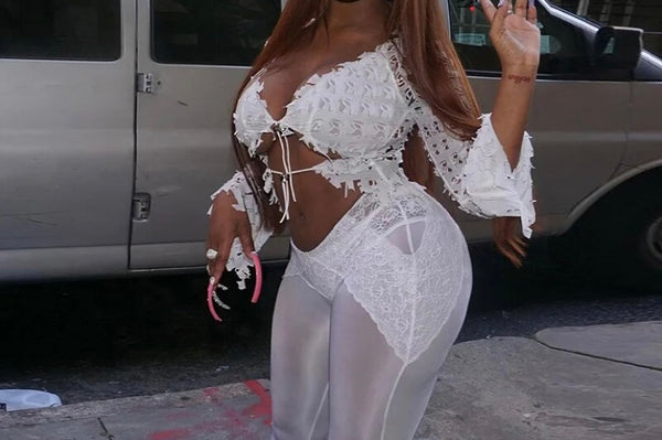 Women Sexy Fashion Solid Color Mesh Two Piece Pant Set