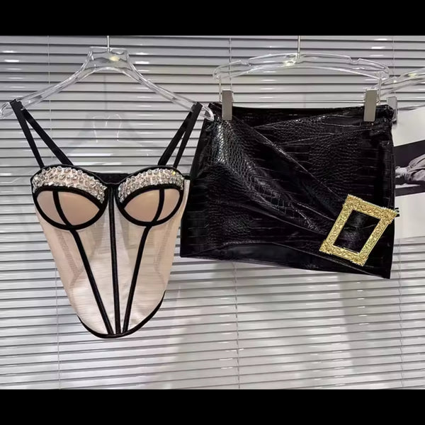 Women Rhinestone Sleeveless Camisole Two Piece Leather Skirt Set
