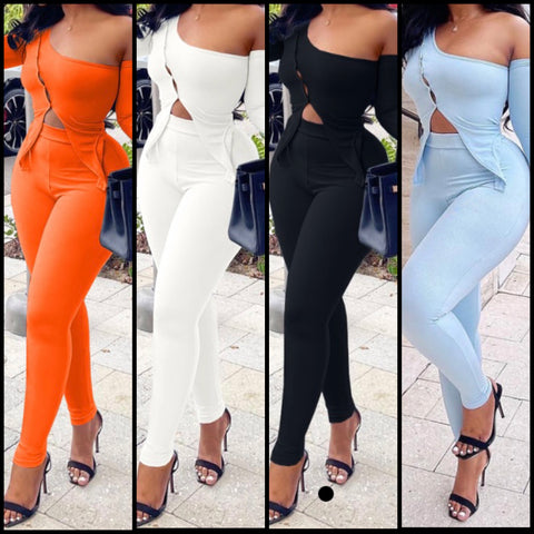 Women Off The Shoulder Full Sleeve Solid Color Two Piece Pant Set