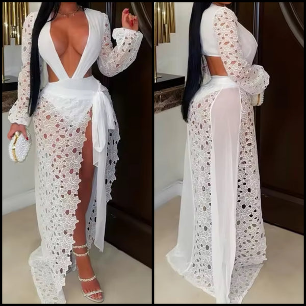 Women White Full Sleeve Bodysuit Two Piece Maxi Skirt Set