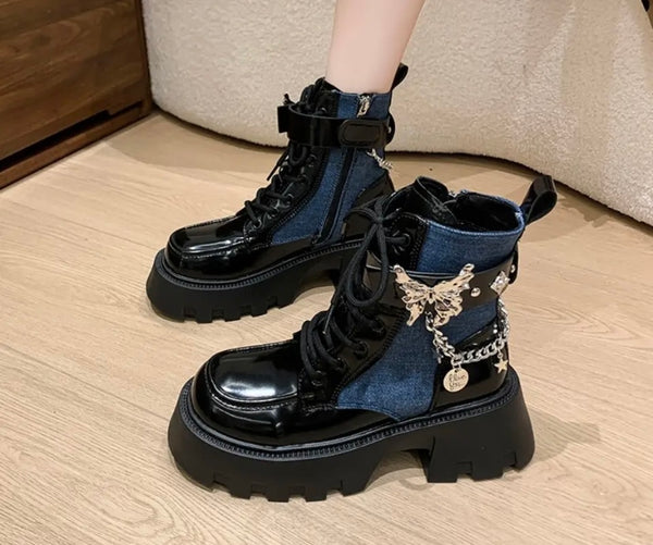 Women Fashion Butterfly Chain Lace Up Ankle Boots