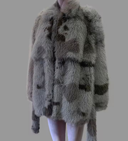 Women Fashion Gray Camouflage Faux Fur Jacket