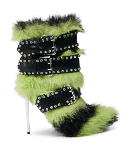 Women Fashion Color Patchwork Buckled Faux Fur Ankle Boots