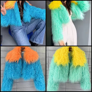 Women Color Patchwork Fashion Faux Fur Short Jacket