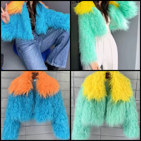 Women Color Patchwork Fashion Faux Fur Short Jacket