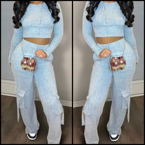 Women Fashion Gray Full Sleeve Crop Two Piece Pocket Pant Set