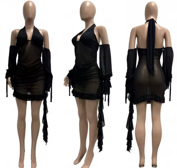 Women Sexy Halter Sleeveless Ruffled Mesh Dress