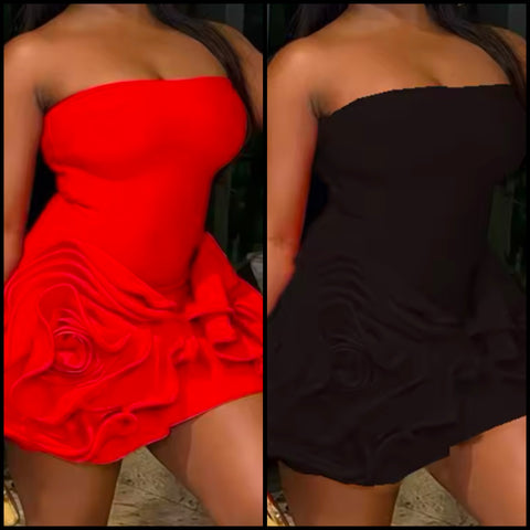 Women Sexy Strapless Solid Color Ruffled Dress
