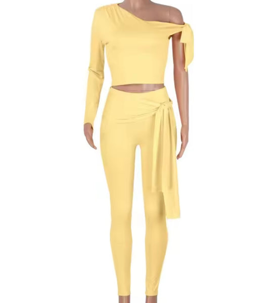 Women Solid Color Tie Up One Shoulder Two Piece Pant Set