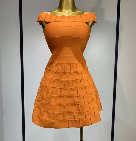 Women Sexy Orange Ruffled Off The Shoulder Sleeveless Dress