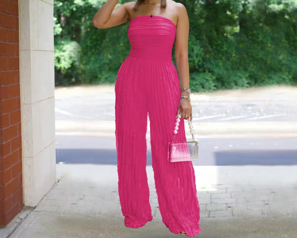 Women Sexy Strapless Color Pleated Jumpsuit