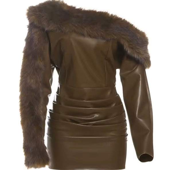 Women Sexy Brown Fur Faux Leather Full Sleeve Ruched Dress
