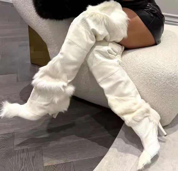 Women Over The Knee Fur Patchwork High Heel Boots