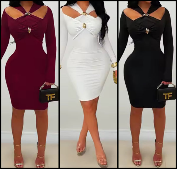 Women Sexy Metal Halter Full Sleeve Dress