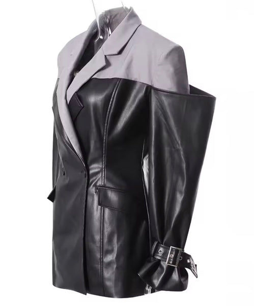 Women Fashion Color Patchwork Faux Leather Button Up Blazer Jacket
