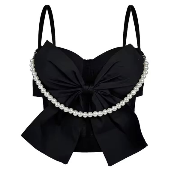 Women Pearl Bow Sleeveless Fashion Tank Top