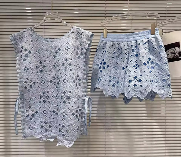 Women Color Lace Sleeveless Fashion Two Piece Short Set