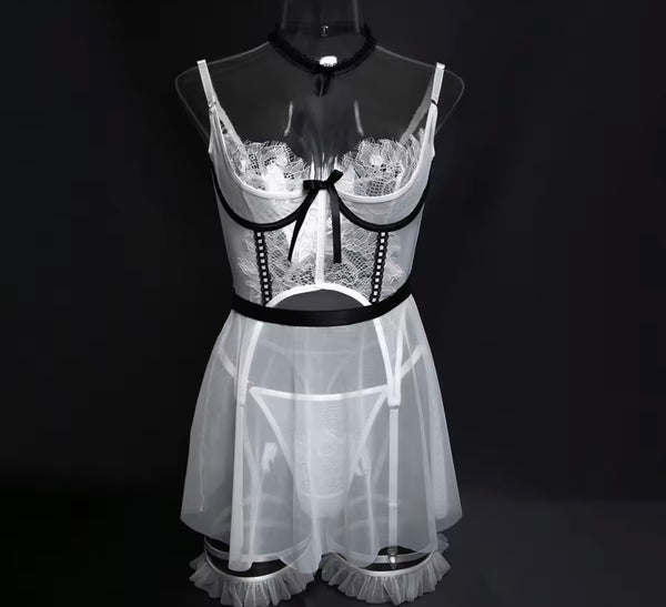 Women Sexy Sleeveless White Mesh Lingerie Set