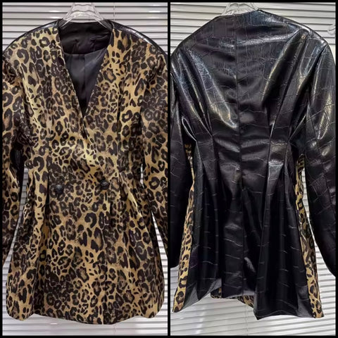 Women Fashion Leopard Print Faux Leather Trench Jacket