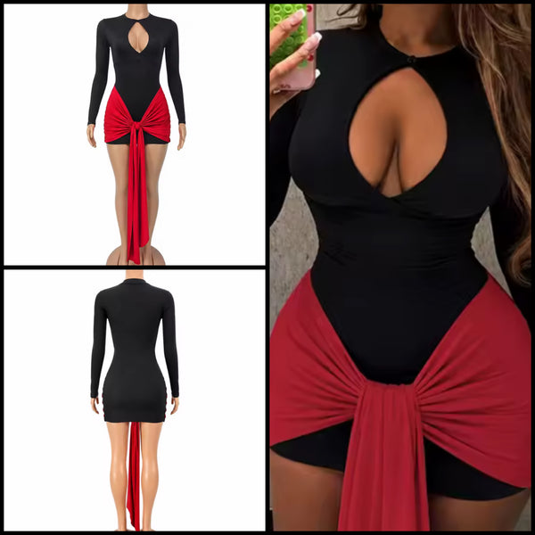 Women Black Sexy Cut Out Full Sleeve Tie Up Dress