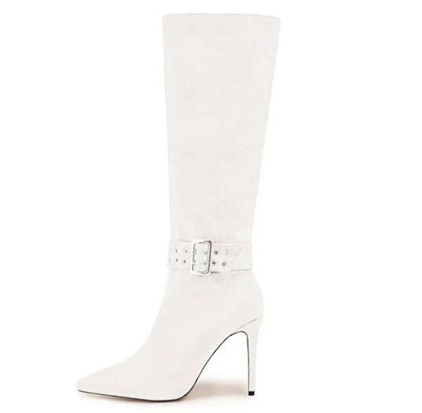 Women Pointed Toe Suede Buckled Knee High Boots
