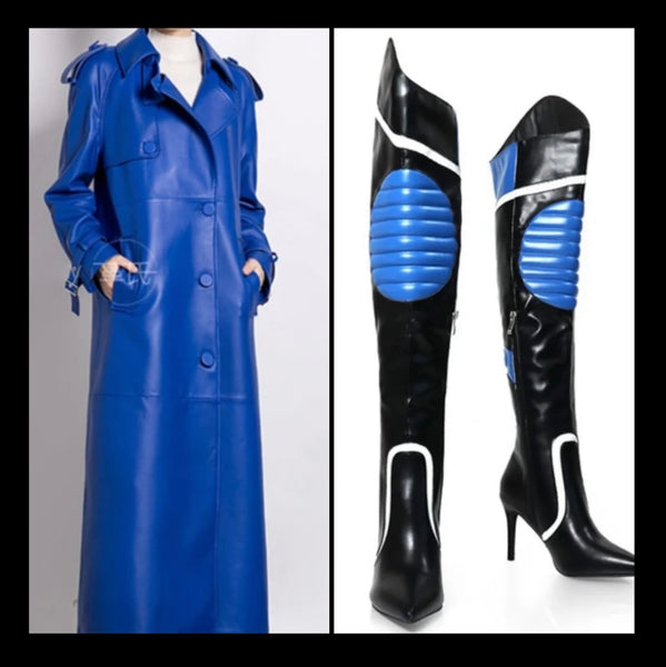 Women Blue Faux Leather Fashion Trench Jacket