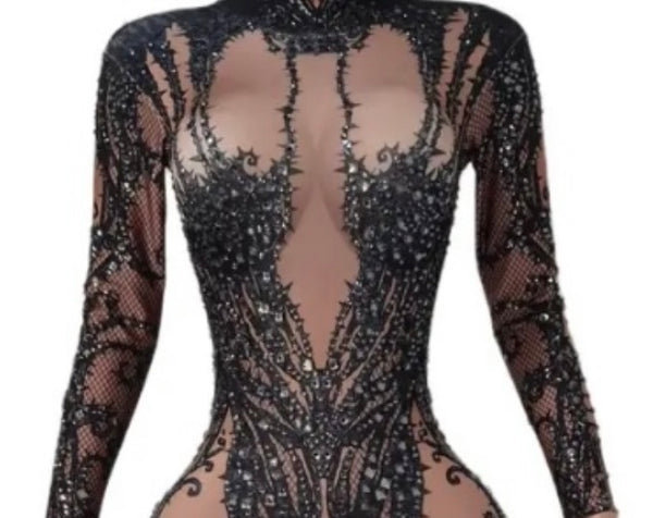 Women Sexy Full Sleeve Rhinestone Mesh Patchwork Jumpsuit