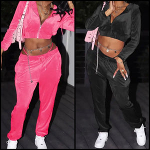 Women Fashion Hooded Velour Two Piece Tracksuit Pant Set