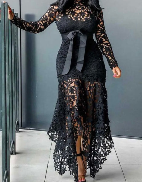 Women Sexy Color Lace Full Sleeve Bow Maxi Dress
