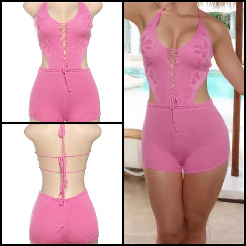 Women Sexy Pink Halter Sleeveless Knitted Romper
