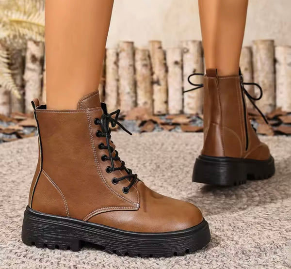 Women Fashion Zipper Lace Up Flat Ankle Boots