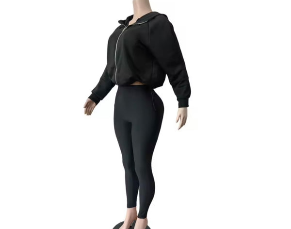 Women Fashion Hooded Zip Up Tracksuit Two Piece Pant Set