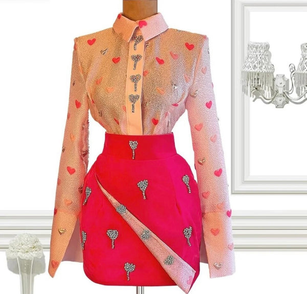 Women Sexy Heart Print Bling Button Up Two Piece Skirt Set