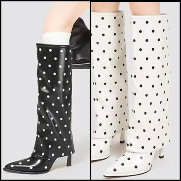 Women Fashion Polka Dot Faux Leather Knee High Boots