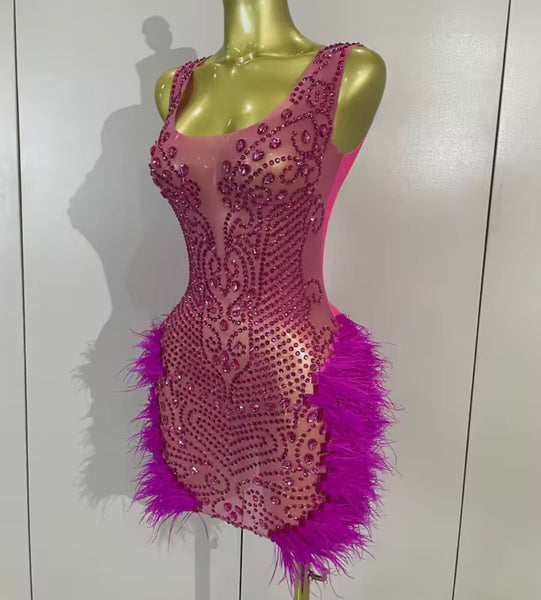 Women Sexy Sleeveless Pink Feather Rhinestone Dress