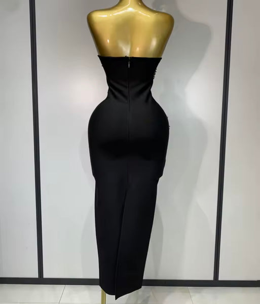 Women Black Sexy Strapless Rhinestone Maxi Dress