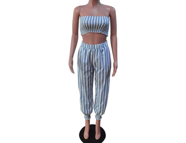 Women Sexy Strapless Striped Crop Two Piece Pant Set