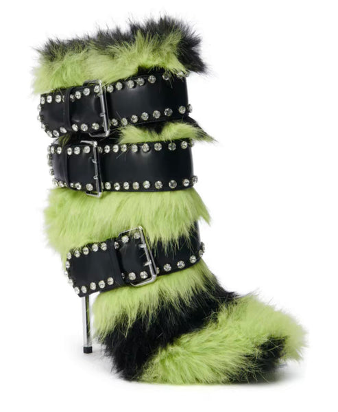 Women Fashion Color Patchwork Buckled Faux Fur Ankle Boots
