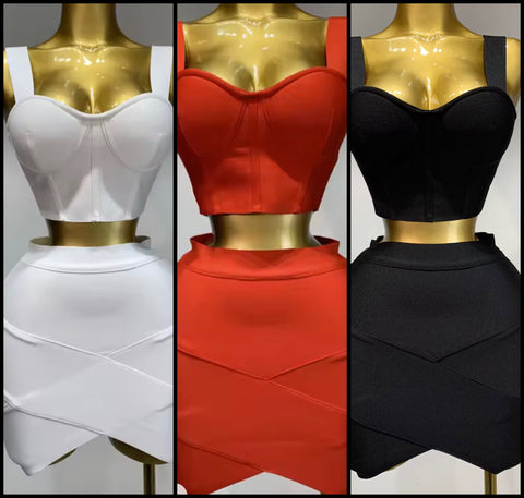 Women Sexy Color Sleeveless Bandage Two Piece Skirt Set