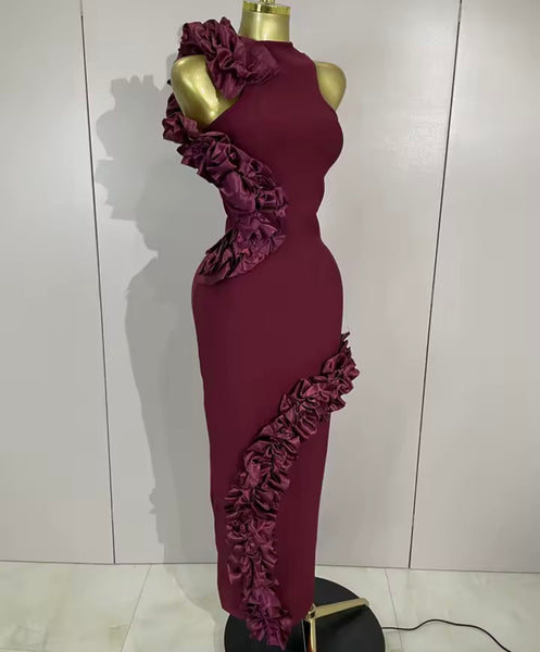 Women Sexy Sleeveless Burgundy Ruffled Maxi Dress