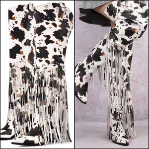 Women Fashion Animal Print Tassel Over The Knee Western Boots